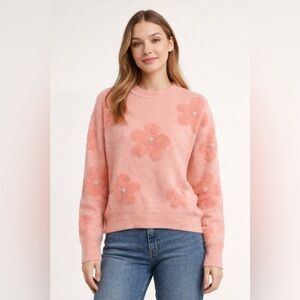 NWT Nanette Lepore Pink Coquette Floral Sweater Fuzzy Knit Soft Girl Y2K